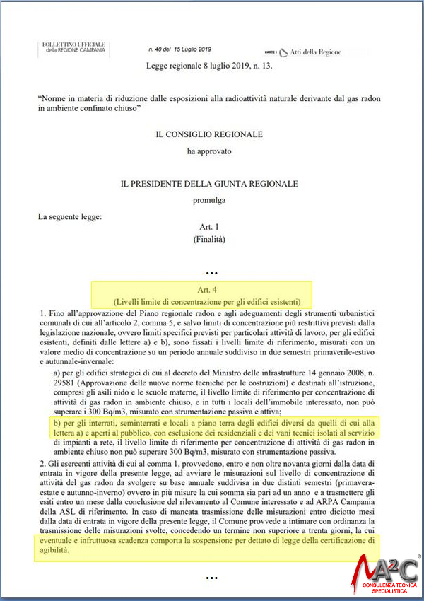 Obbligo misura Radon in Campania in tutti i locali a piano terra -  L.R.13/2019